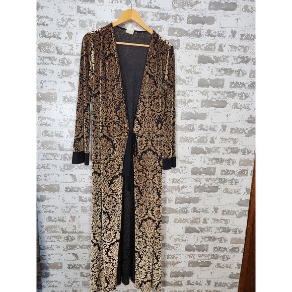 Jonquil By Diane Samandi Velour Robe Size‎ Small Black & Gold Damask Tie Duster - Picture 1 of 16